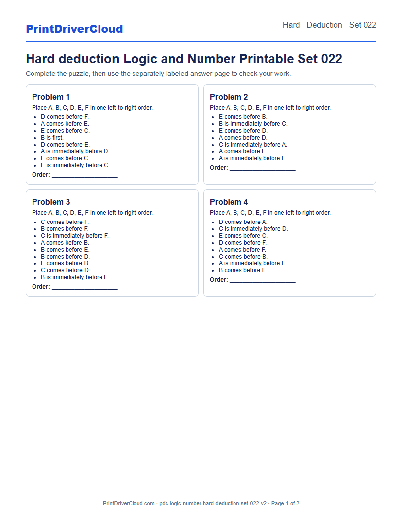 Hard Deduction Number Logic Puzzle Printable Set 022 preview