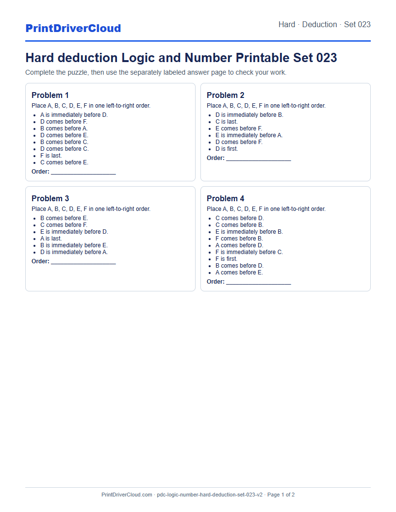 Hard Deduction Number Logic Puzzle Printable Set 023 preview