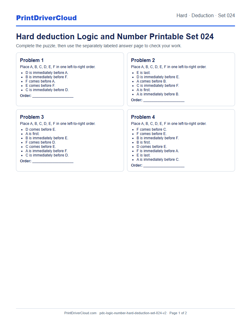 Hard Deduction Number Logic Puzzle Printable Set 024 preview