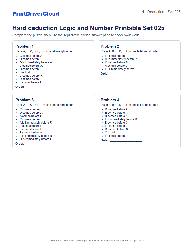 Hard Deduction Number Logic Puzzle Printable Set 025 preview