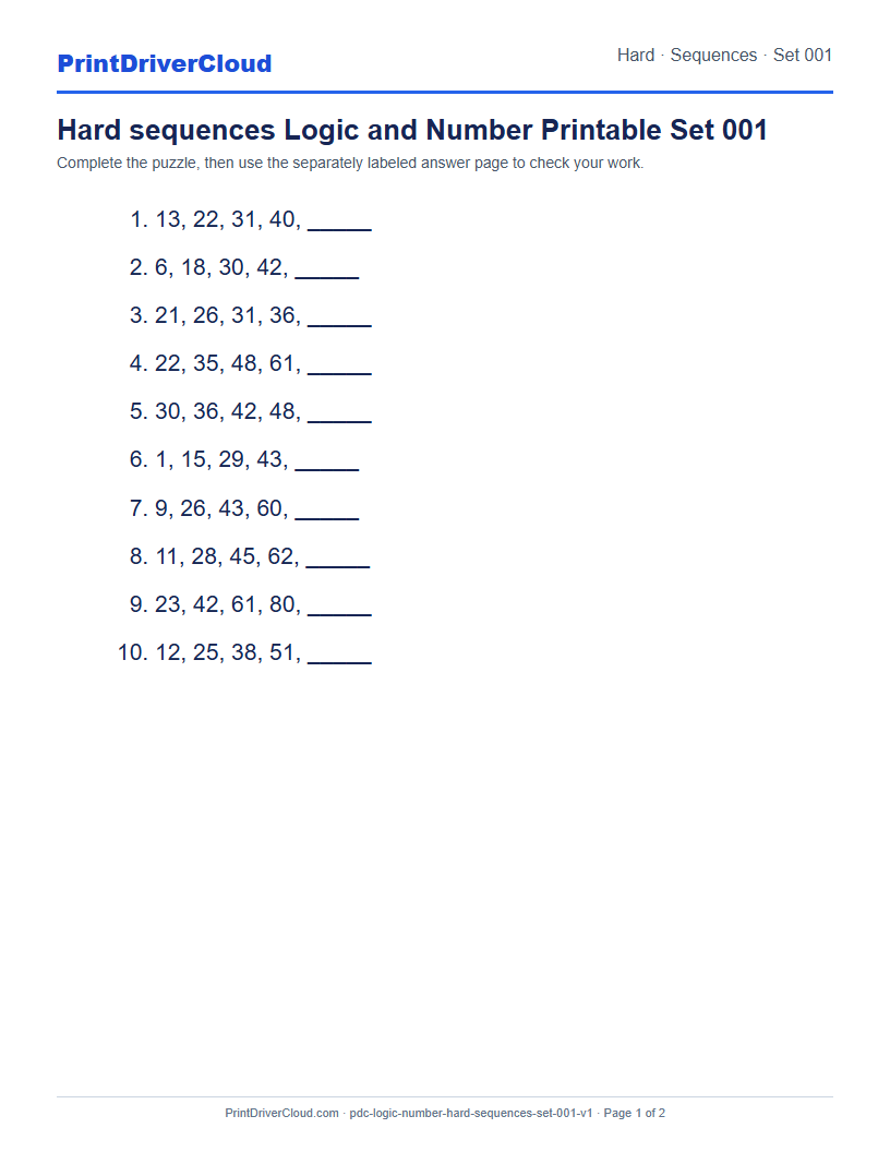 Preview of Hard sequences Logic and Number Printable Set 001