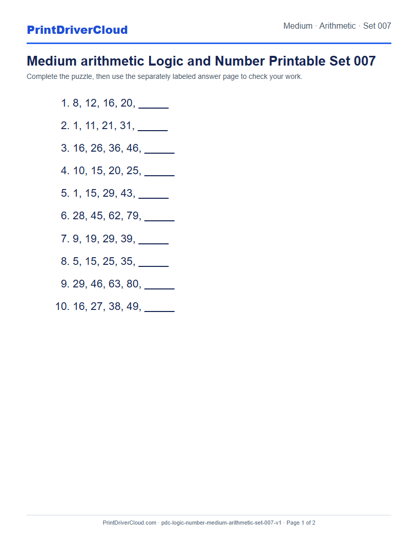 Preview of Medium arithmetic Logic and Number Printable Set 007