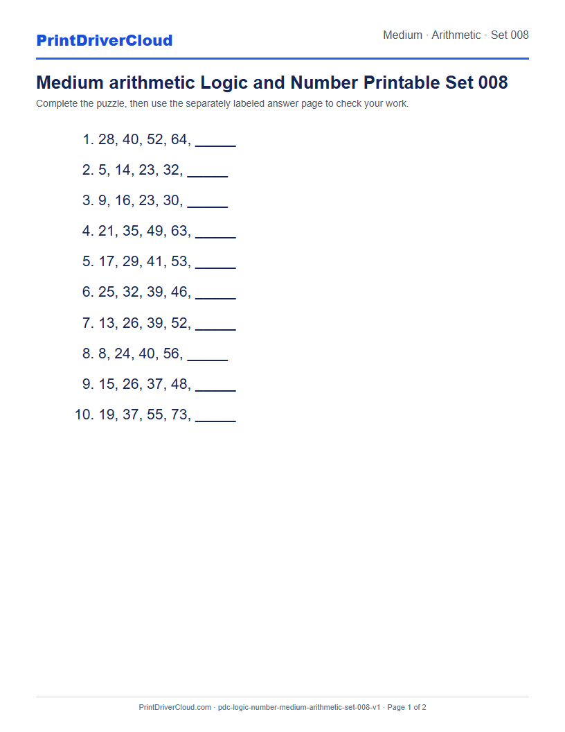 Preview of Medium arithmetic Logic and Number Printable Set 008