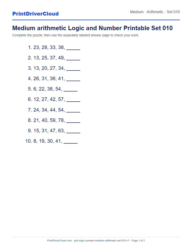 Preview of Medium arithmetic Logic and Number Printable Set 010