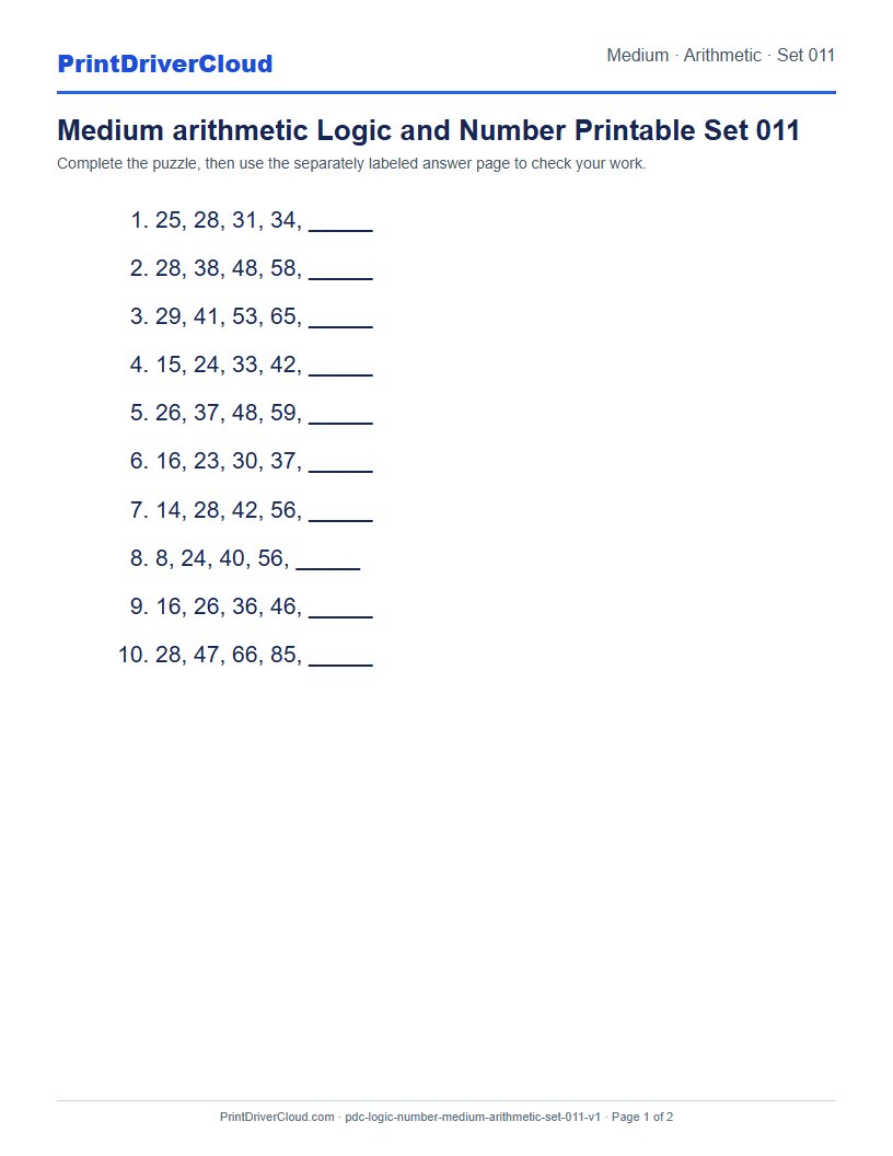 Preview of Medium arithmetic Logic and Number Printable Set 011