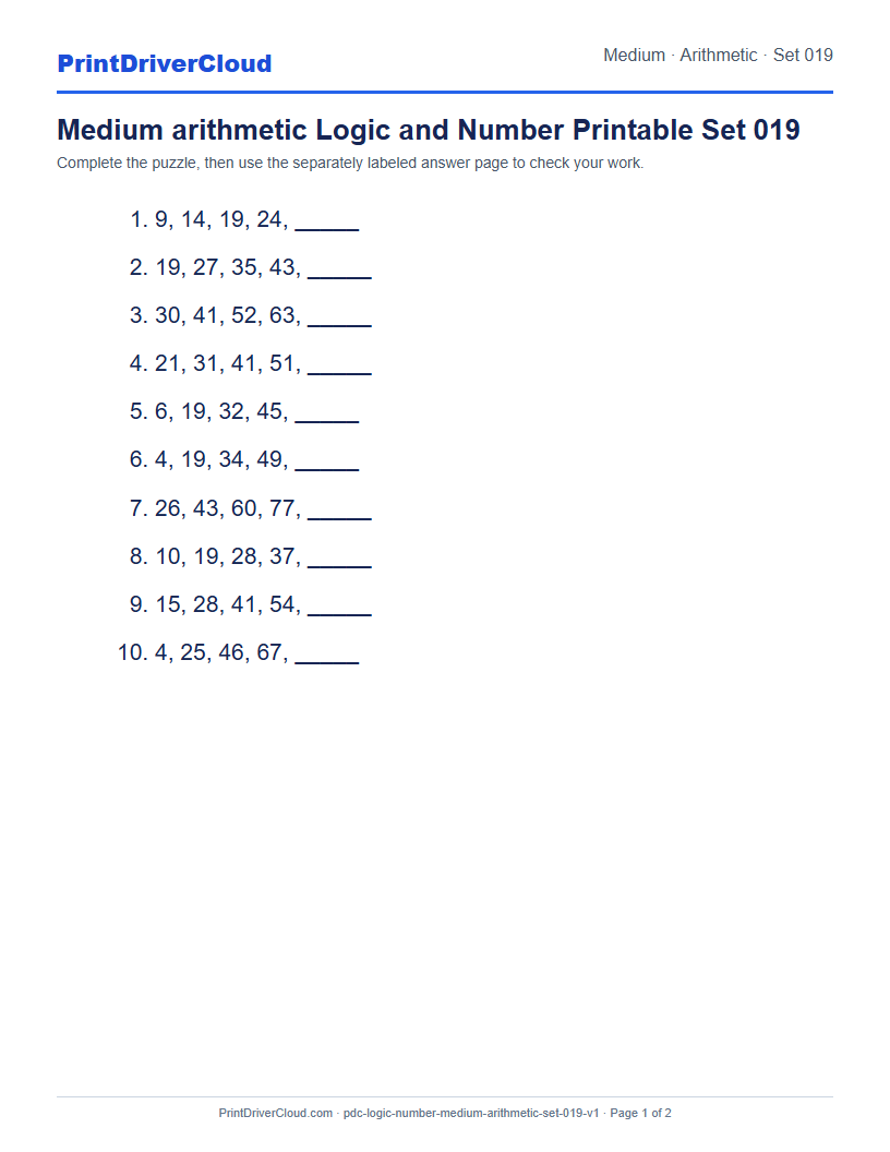 Preview of Medium arithmetic Logic and Number Printable Set 019