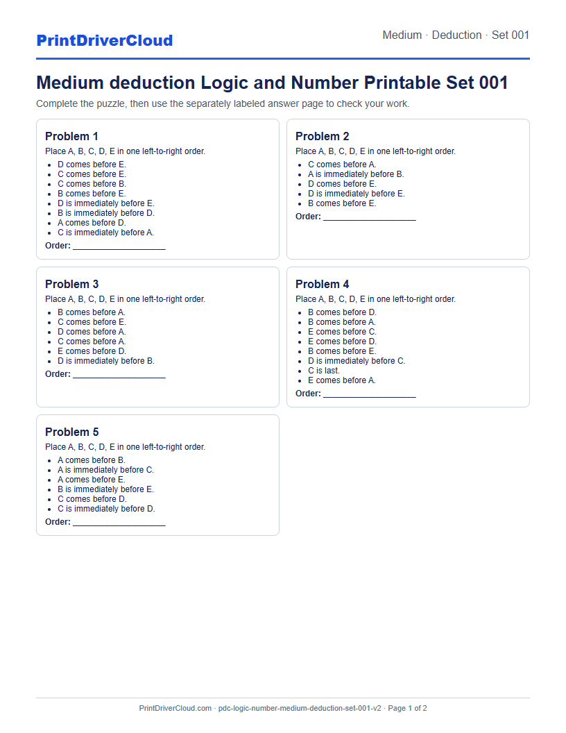 Medium Deduction Number Logic Puzzle Printable Set 001 preview