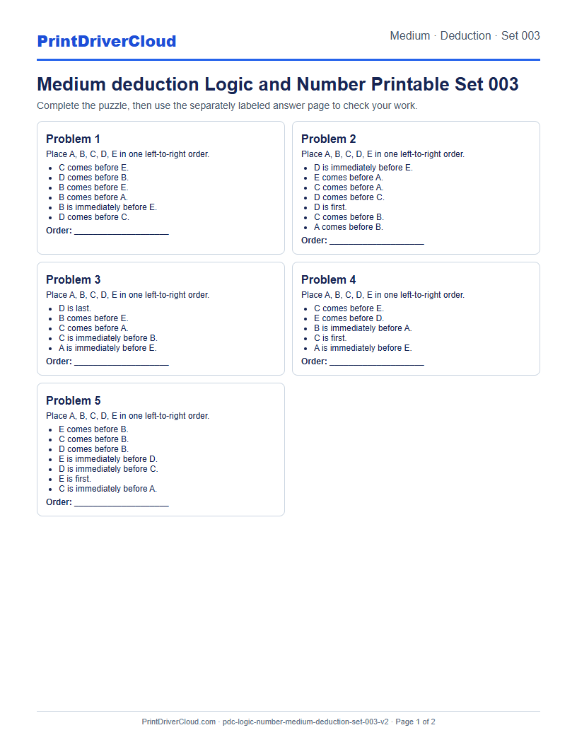 Medium Deduction Number Logic Puzzle Printable Set 003 preview