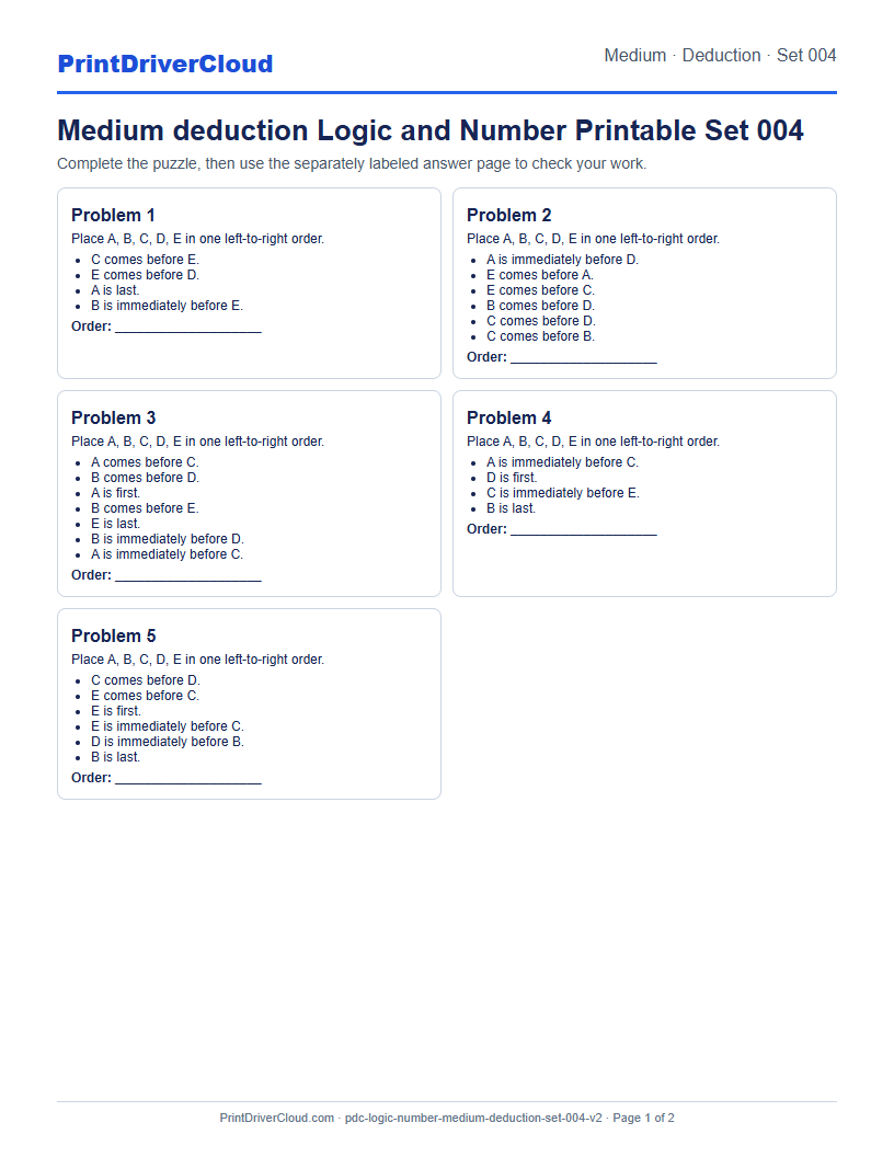 Medium Deduction Number Logic Puzzle Printable Set 004 preview