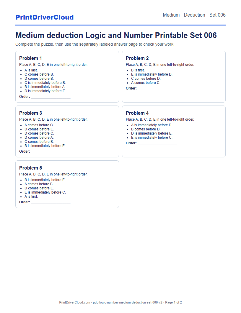 Medium Deduction Number Logic Puzzle Printable Set 006 preview