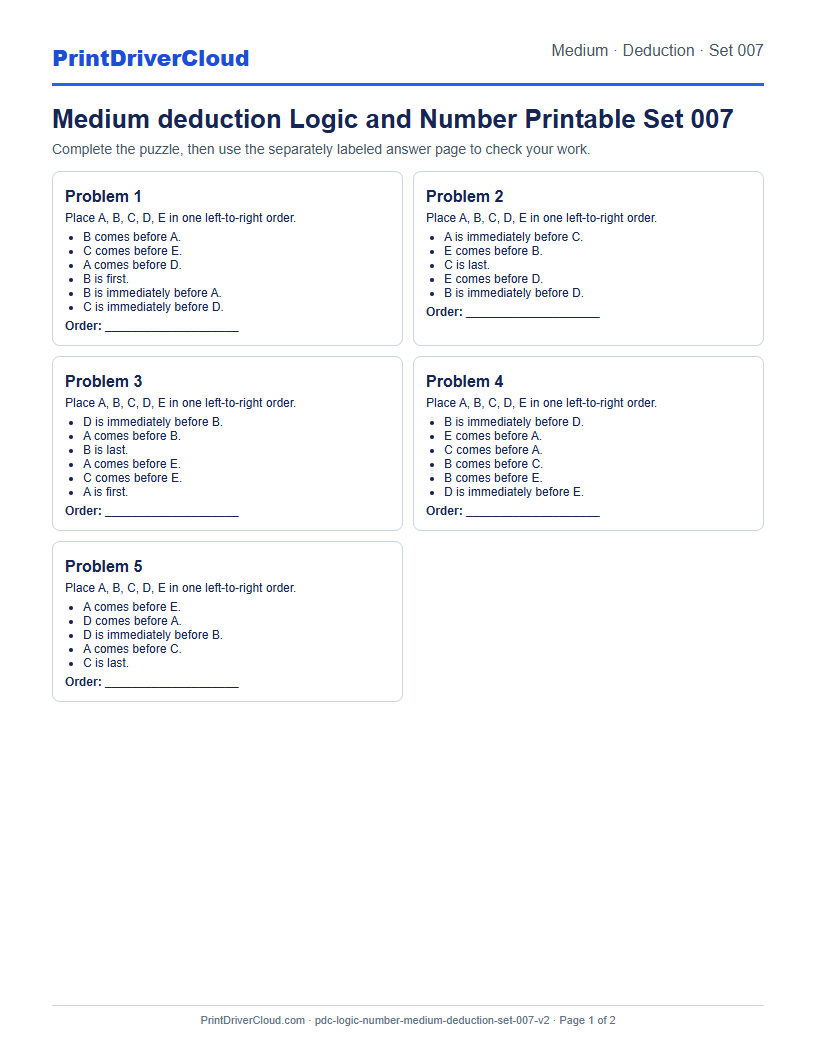Medium Deduction Number Logic Puzzle Printable Set 007 preview