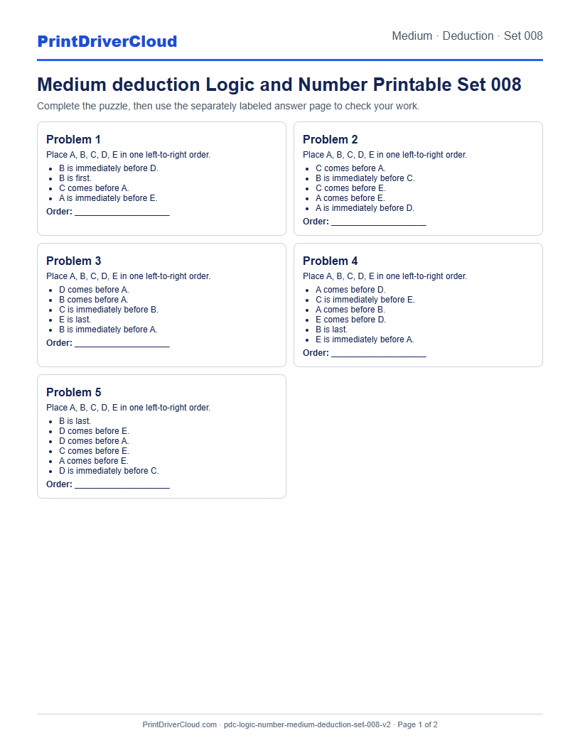 Medium Deduction Number Logic Puzzle Printable Set 008 preview