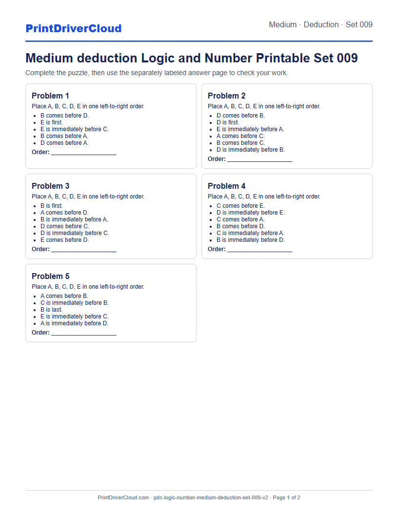 Medium Deduction Number Logic Puzzle Printable Set 009 preview