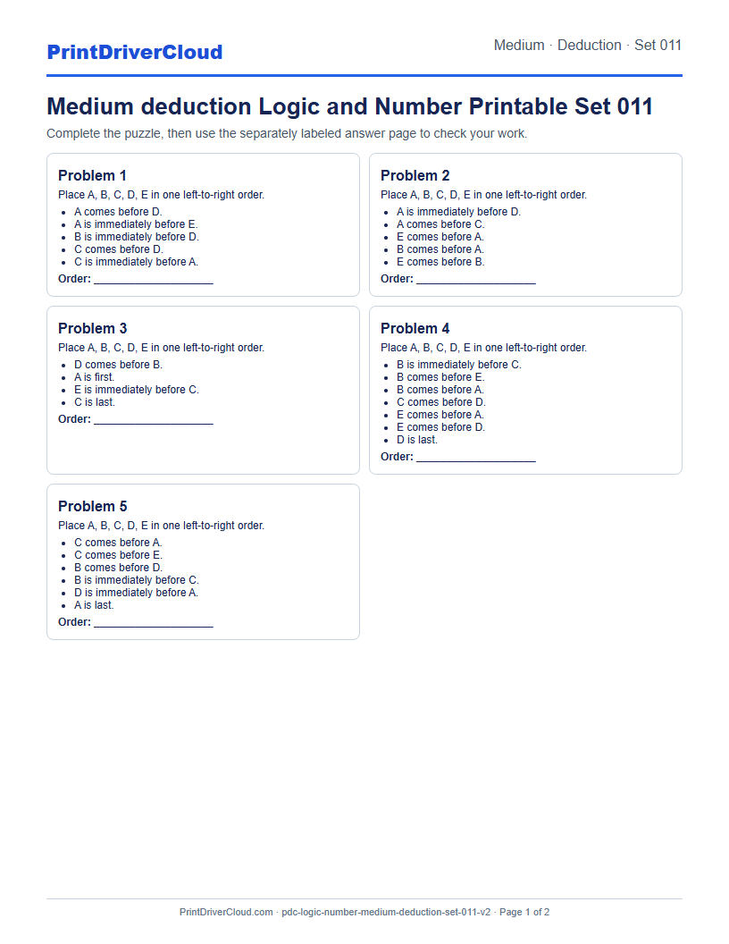 Medium Deduction Number Logic Puzzle Printable Set 011 preview