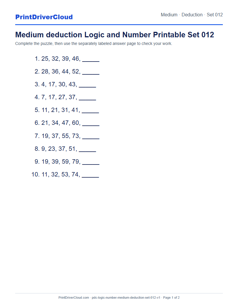 Preview of Medium deduction Logic and Number Printable Set 012