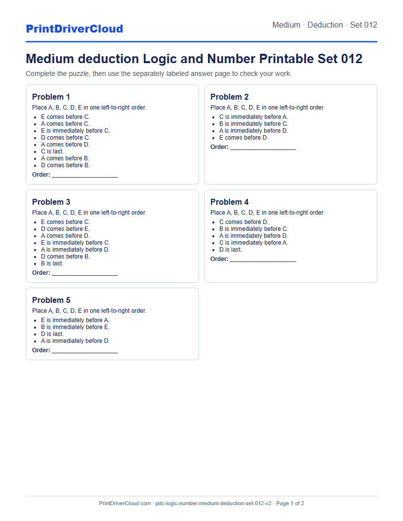 Medium Deduction Number Logic Puzzle Printable Set 012 preview