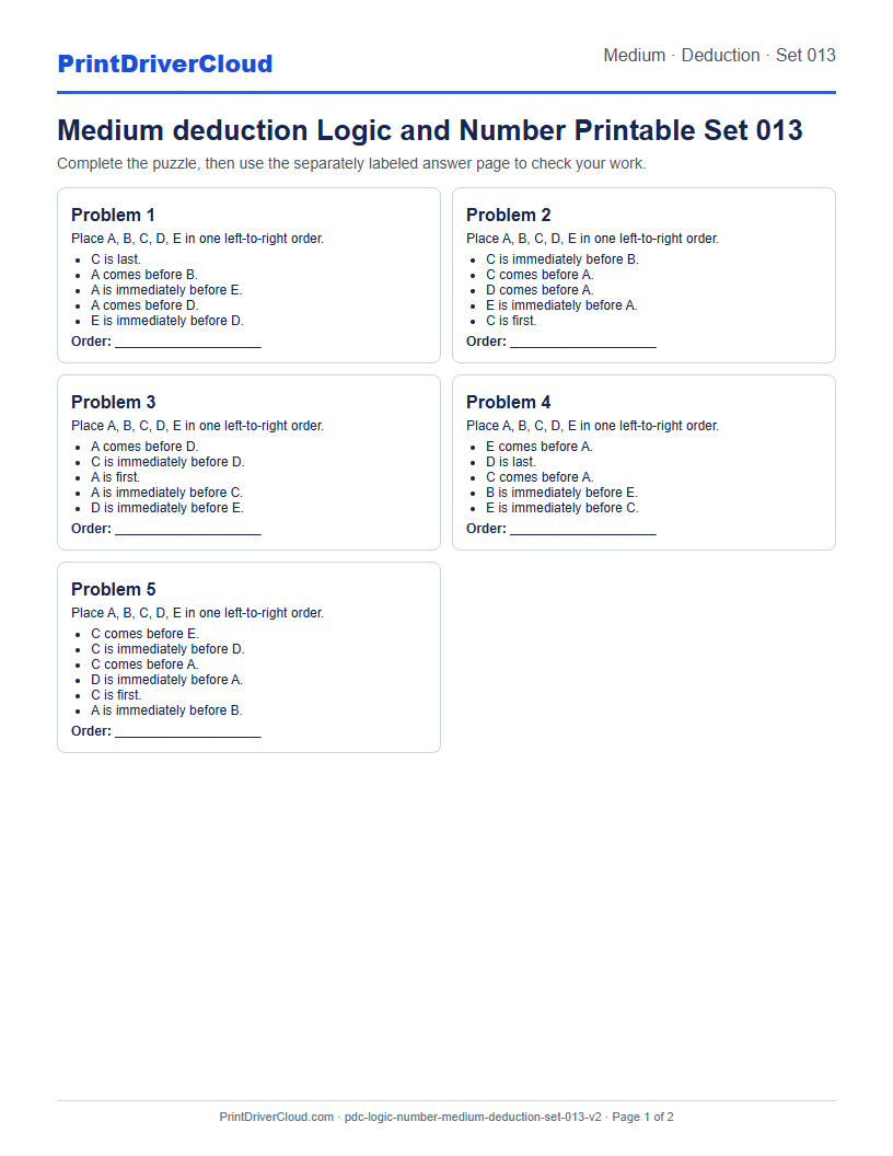 Medium Deduction Number Logic Puzzle Printable Set 013 preview