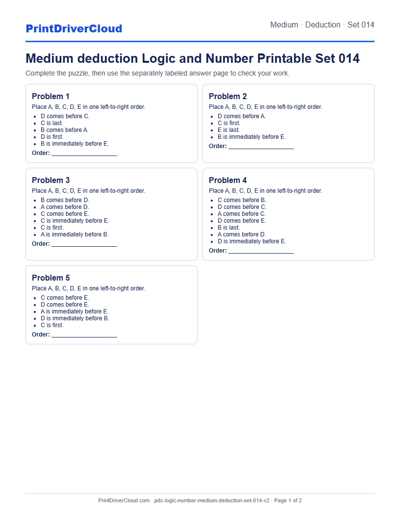 Medium Deduction Number Logic Puzzle Printable Set 014 preview