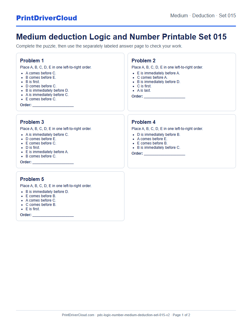 Medium Deduction Number Logic Puzzle Printable Set 015 preview