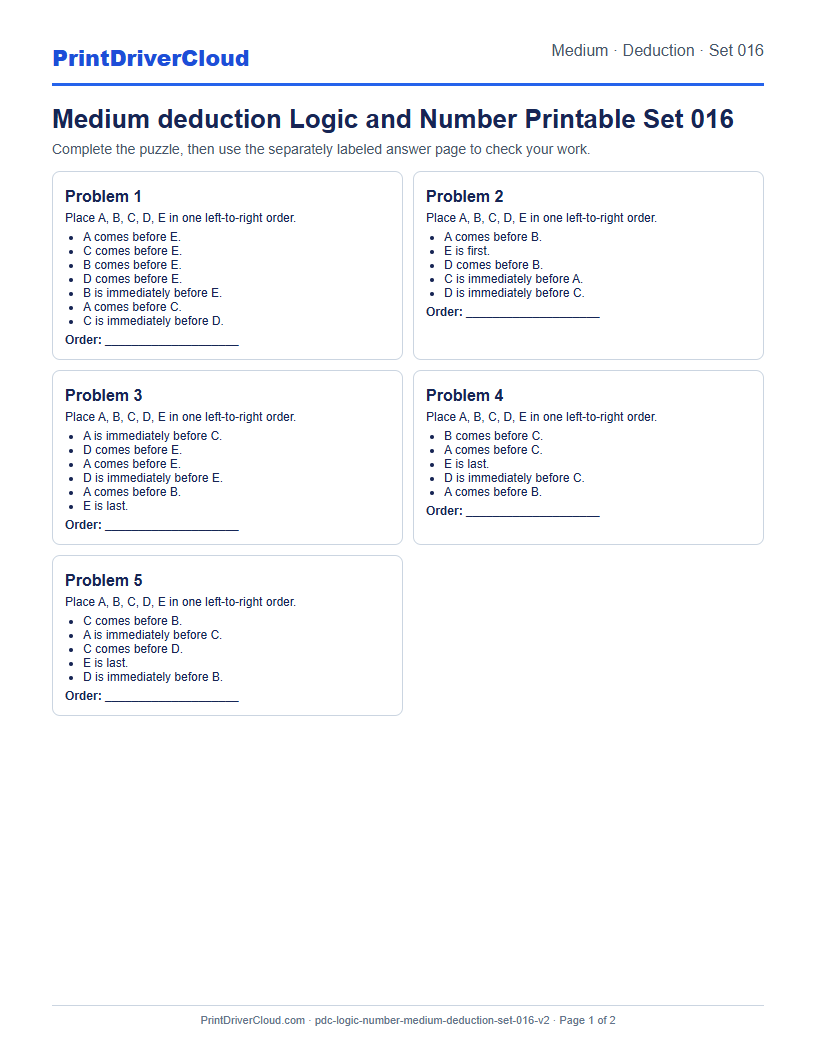 Medium Deduction Number Logic Puzzle Printable Set 016 preview