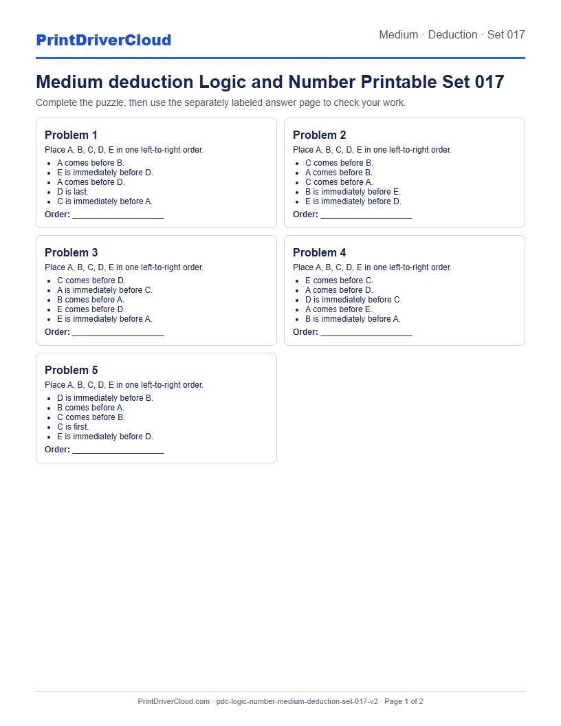 Medium Deduction Number Logic Puzzle Printable Set 017 preview