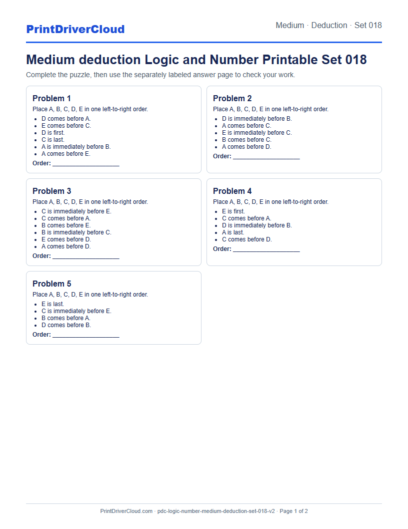 Medium Deduction Number Logic Puzzle Printable Set 018 preview