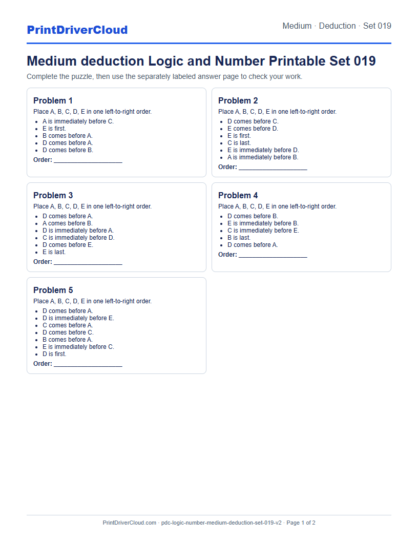 Medium Deduction Number Logic Puzzle Printable Set 019 preview