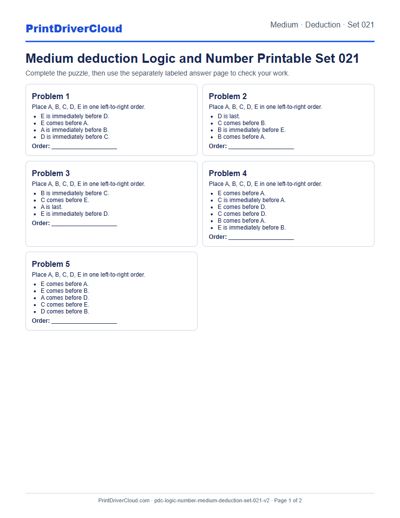 Medium Deduction Number Logic Puzzle Printable Set 021 preview