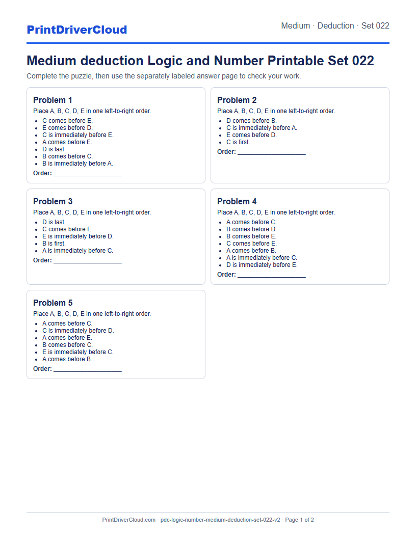 Medium Deduction Number Logic Puzzle Printable Set 022 preview