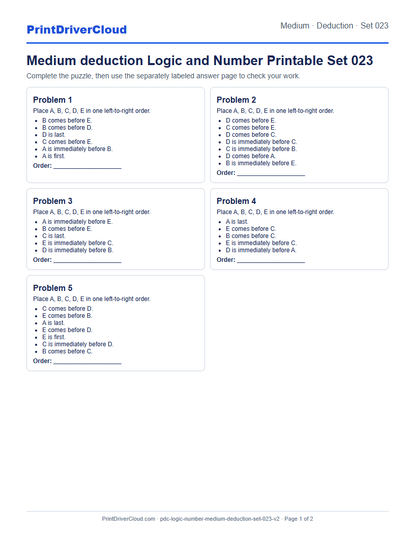 Medium Deduction Number Logic Puzzle Printable Set 023 preview