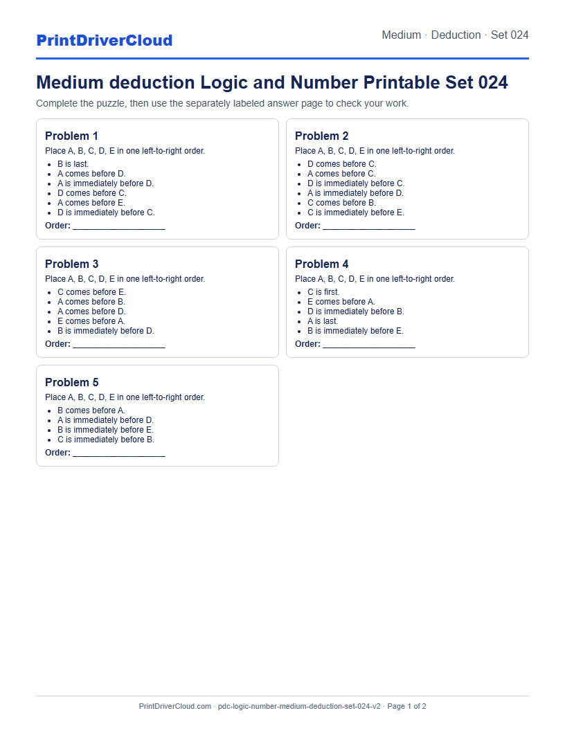 Medium Deduction Number Logic Puzzle Printable Set 024 preview