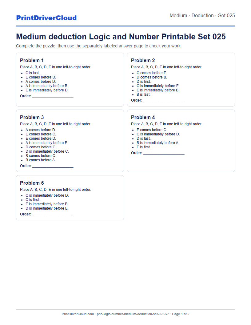 Medium Deduction Number Logic Puzzle Printable Set 025 preview