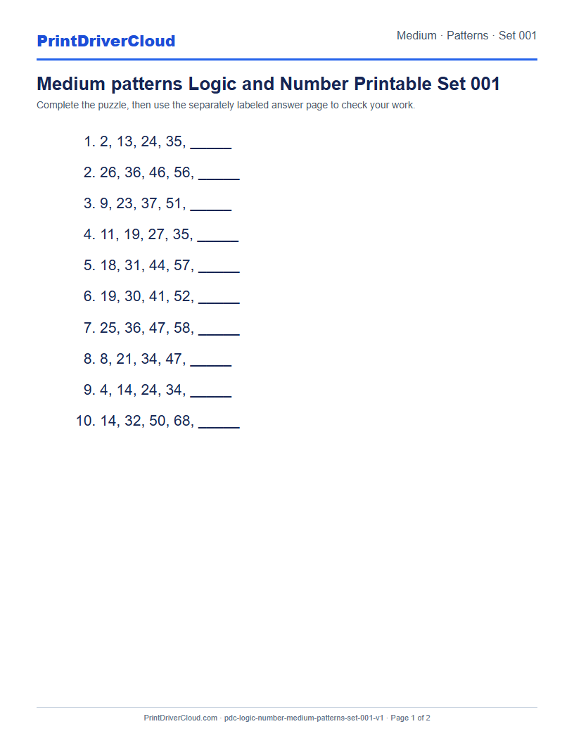 Preview of Medium patterns Logic and Number Printable Set 001