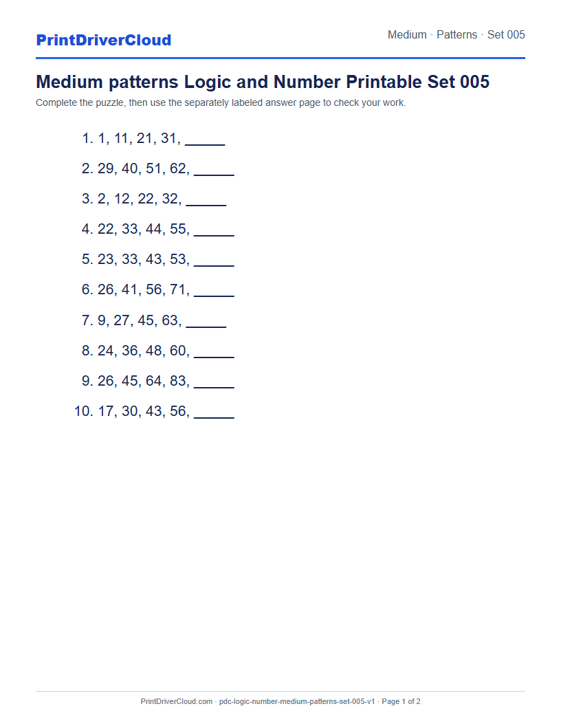Preview of Medium patterns Logic and Number Printable Set 005