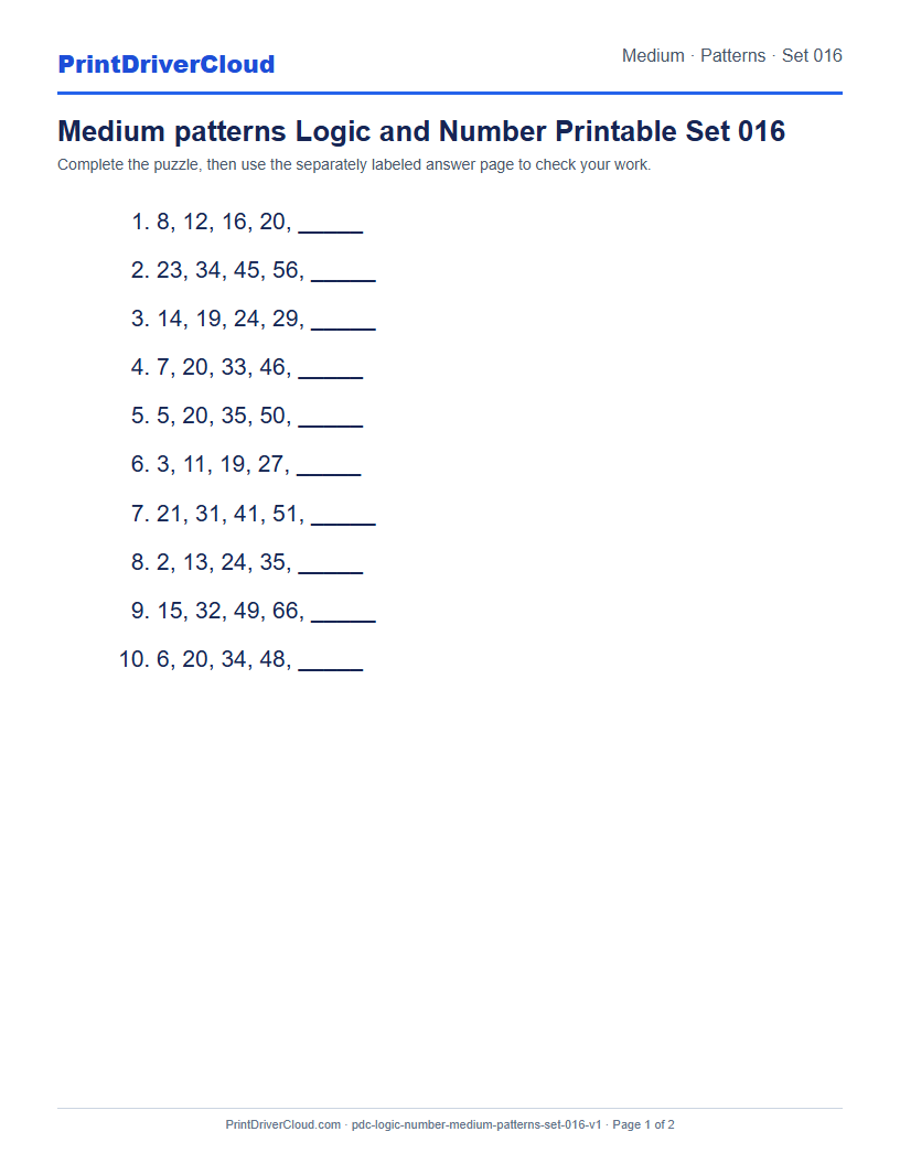 Preview of Medium patterns Logic and Number Printable Set 016