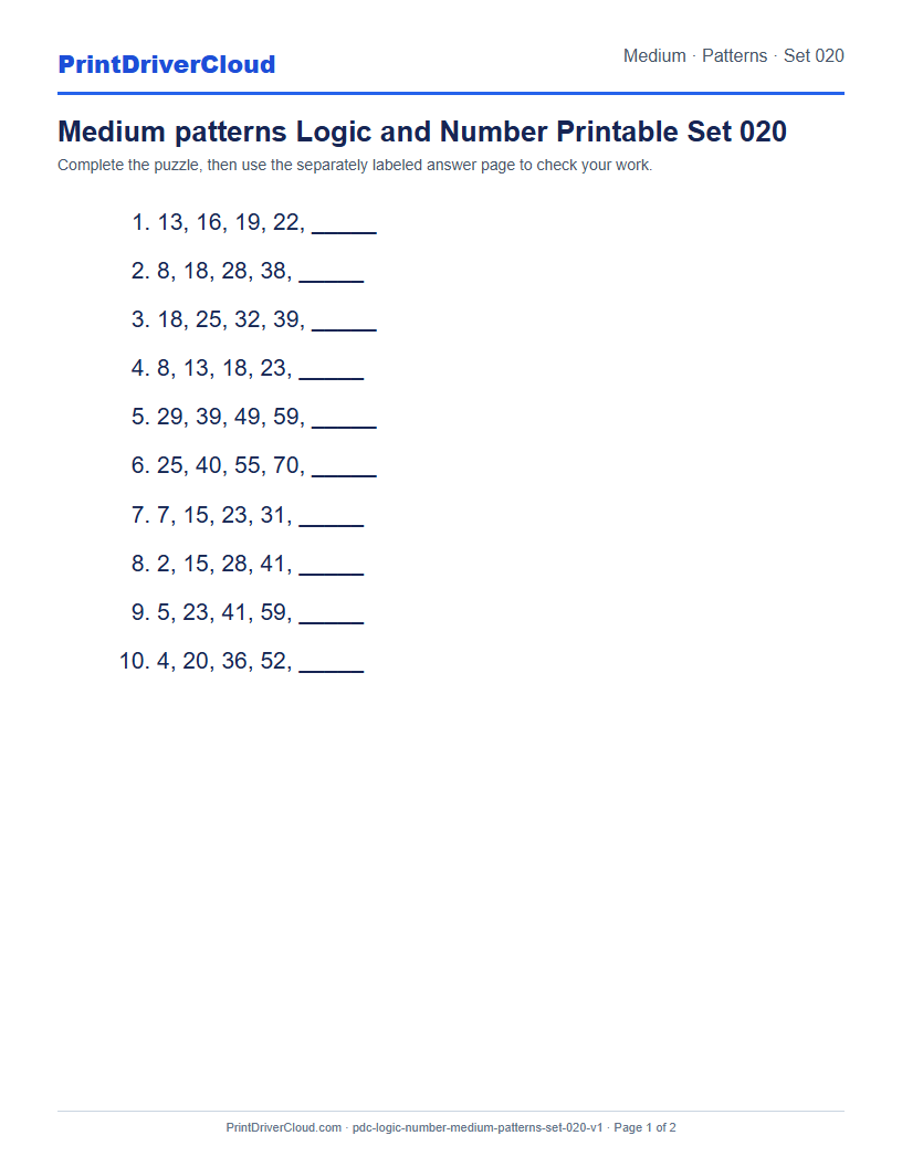 Preview of Medium patterns Logic and Number Printable Set 020
