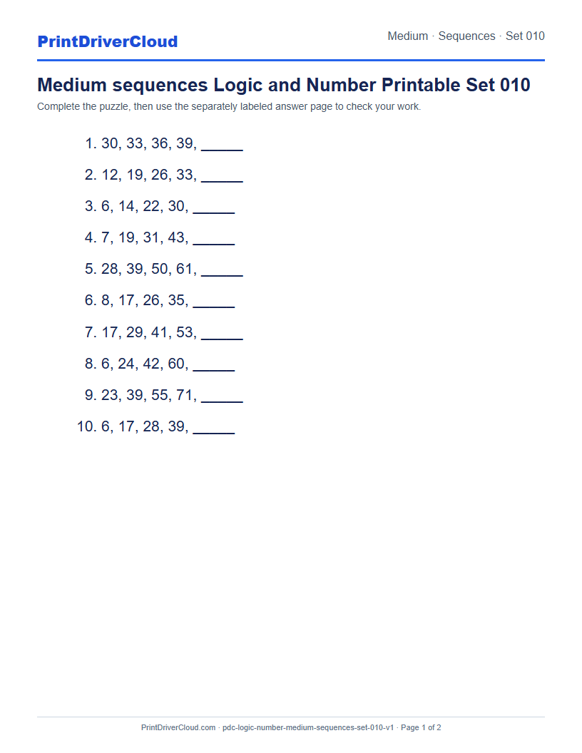 Preview of Medium sequences Logic and Number Printable Set 010