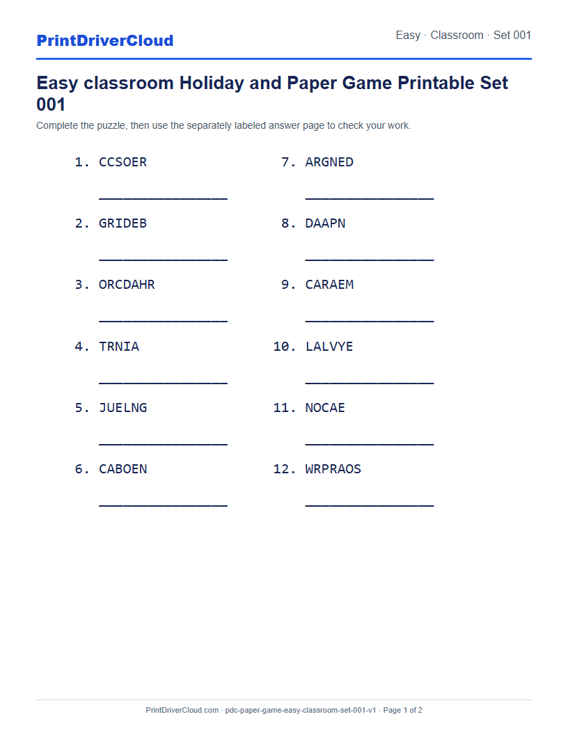 Preview of Easy classroom Holiday and Paper Game Printable Set 001