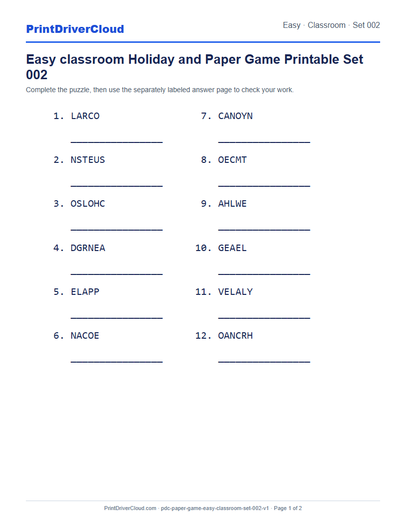 Preview of Easy classroom Holiday and Paper Game Printable Set 002