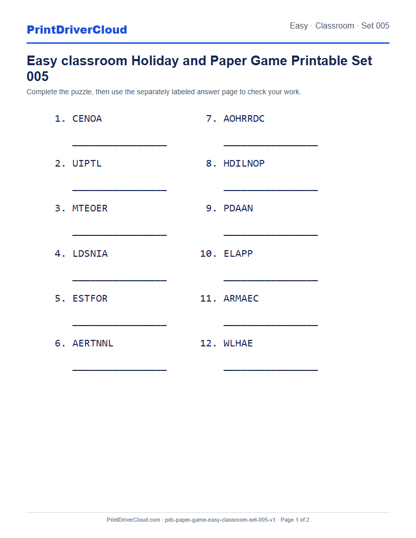 Preview of Easy classroom Holiday and Paper Game Printable Set 005