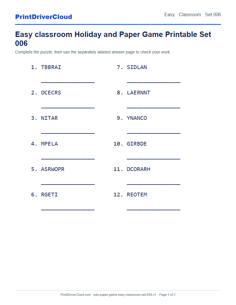 Preview of Easy classroom Holiday and Paper Game Printable Set 006