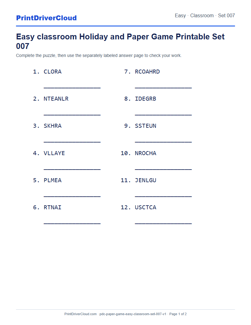 Preview of Easy classroom Holiday and Paper Game Printable Set 007