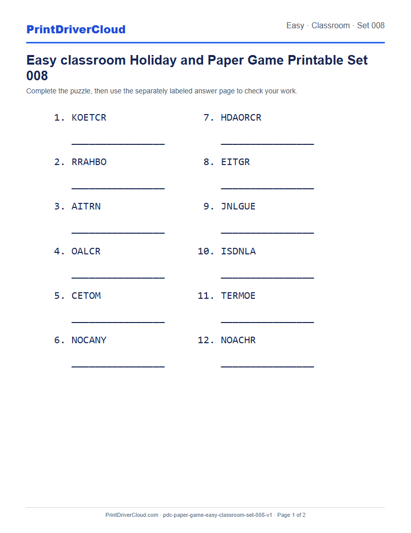 Preview of Easy classroom Holiday and Paper Game Printable Set 008