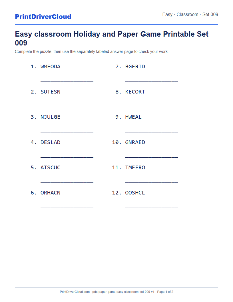 Preview of Easy classroom Holiday and Paper Game Printable Set 009