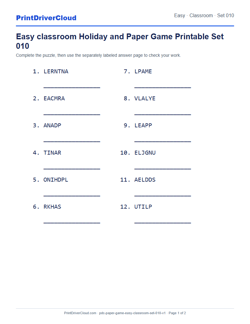 Preview of Easy classroom Holiday and Paper Game Printable Set 010