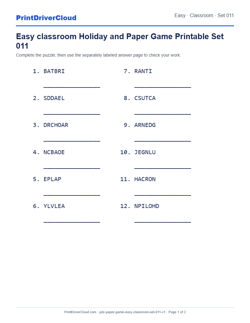 Preview of Easy classroom Holiday and Paper Game Printable Set 011
