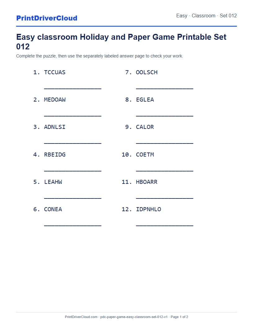 Preview of Easy classroom Holiday and Paper Game Printable Set 012