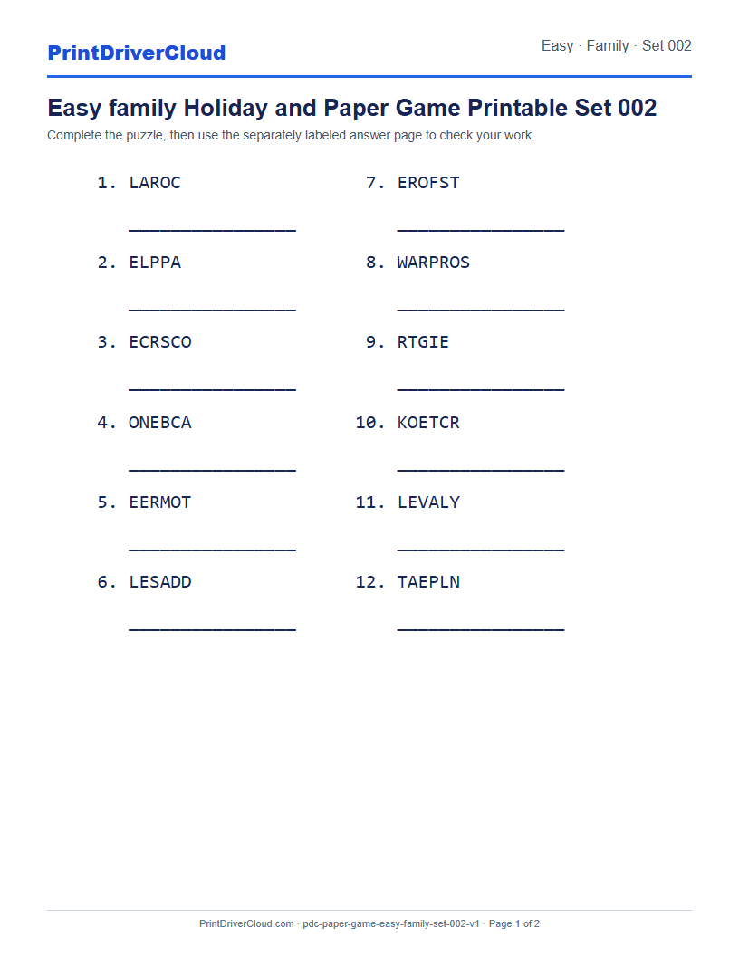 Preview of Easy family Holiday and Paper Game Printable Set 002