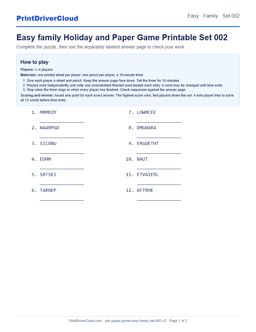 Easy Family Word Scramble Game Printable Set 002 preview