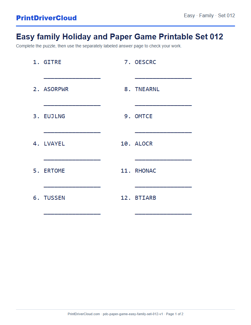Preview of Easy family Holiday and Paper Game Printable Set 012